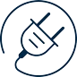A simple, dark blue line drawing of an electrical plug inside a partial circular outline on a light background.