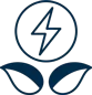 A simple icon with a lightning bolt inside a circle above two leaves, representing eco-friendly or sustainable energy.