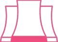 Simple pink outline illustration of three nuclear cooling towers, with a large central tower flanked by two smaller towers on either side, all set against a light background.