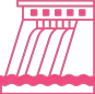 Simple pink icon of a dam with four water spillways releasing water into a wavy body of water below.