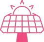 A pink icon of a solar panel on a stand, with a sun and rays shining above it, representing solar energy.