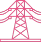 A simple pink line drawing of a high-voltage electrical transmission tower with three sets of power lines extending on each side.