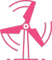 A stylized pink wind turbine with three blades, shown in motion with curved lines indicating movement, on a light background.