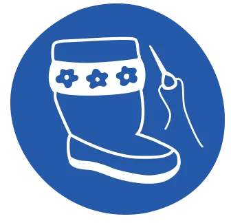 A blue circular icon showing a white outline of a decorated boot with flower patterns and a crochet hook beside it, suggesting crochet or crafting.