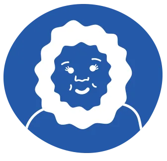 White icon of a smiling person wearing a hooded parka, depicted in a simple, cartoon style on a blue circular background.