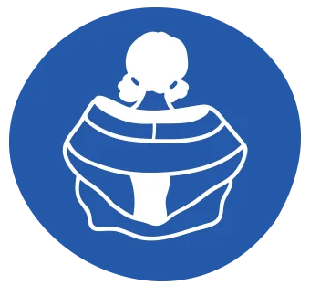 White icon of a person wearing a life jacket, shown from behind, centered on a blue circular background.