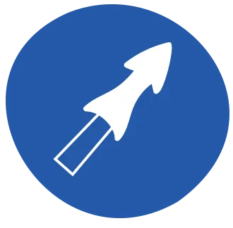 A white rocket icon with a pointed arrow tip is displayed inside a solid blue circle.
