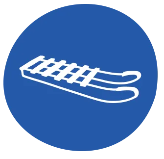 White icon of a wooden sled with slatted seat and curved runners, centered on a blue circular background.