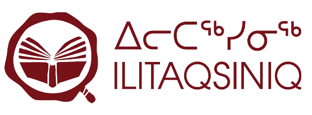 A maroon logo with an open book inside a magnifying glass on the left, and ILITAQSINIQ with Inuktitut syllabics beside it on a light background.