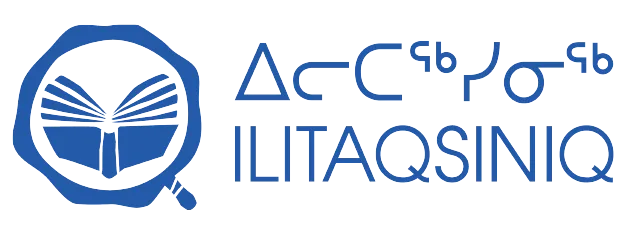 A blue logo featuring an open book inside a magnifying glass, with text in both Inuktitut syllabics and the Latin alphabet reading ILITAQSINIQ.