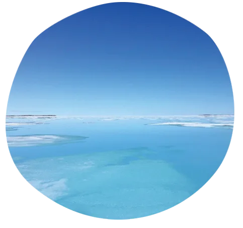 Calm, crystal-clear blue water stretches to the horizon under a bright blue sky, with patches of white ice floating on the surface. The scene is circularly framed.