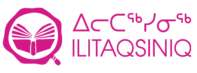A pink logo with an open book inside a magnifying glass, next to Inuktitut syllabics and the text ILITAQSINIQ in capital letters.