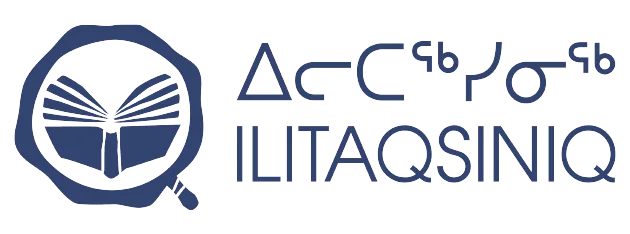 Logo with an open book inside a magnifying glass on the left and Inuktitut syllabics above the word ILITAQSINIQ on the right, all in blue on a light background.