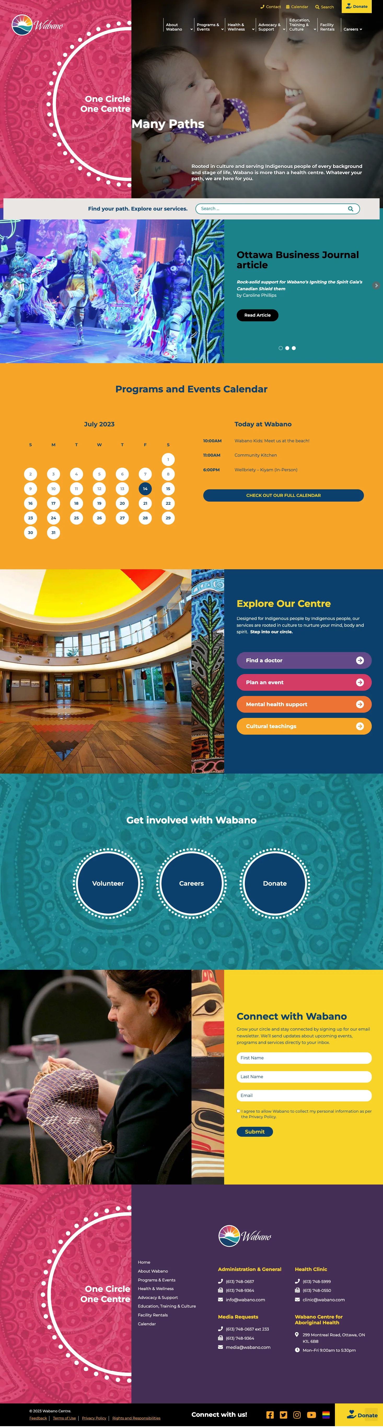 Screenshot of Wabano Centre’s website homepage featuring a navigation menu, community photos, events calendar, centre info, ways to get involved, contact details, and vibrant Indigenous-themed designs and patterns throughout.