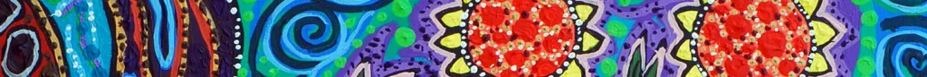 Colorful abstract artwork with swirling blue, green, and purple shapes, accented by bright red and yellow floral or star-like patterns with white dots, creating a vibrant, dynamic pattern.