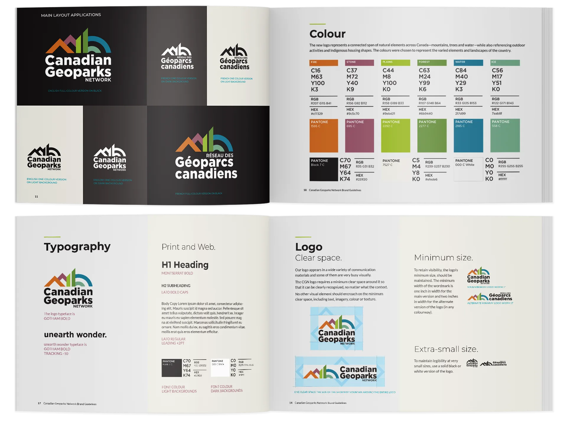 An open brand guidelines booklet showing Canadian Geoparks Network logos, color palettes with codes, typography styles, logo variations, print and web usage, and minimum size requirements for logo display.