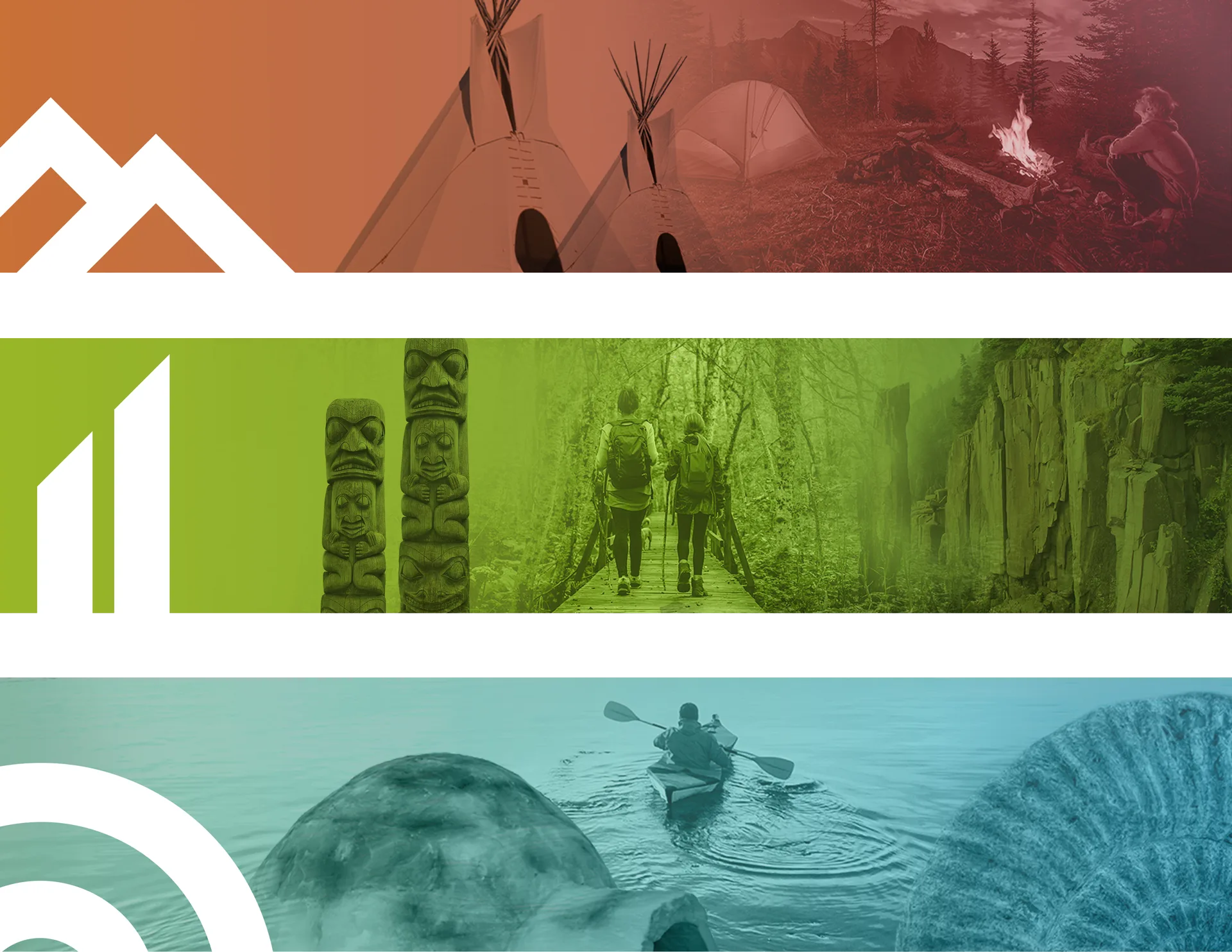 Three horizontal panels: top shows teepees, a campfire, and a person in a forest; middle shows hikers and totem poles on a wooded trail; bottom shows a kayaker near a whale and an ammonite fossil, with abstract graphic accents.