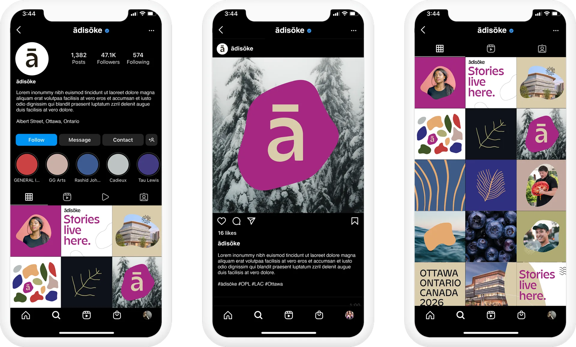 Three smartphone screens display an Instagram profile called “adisoke,” featuring a purple logo, various nature and cultural images, text graphics, and a grid of colorful, branded posts about Ottawa, Canada.