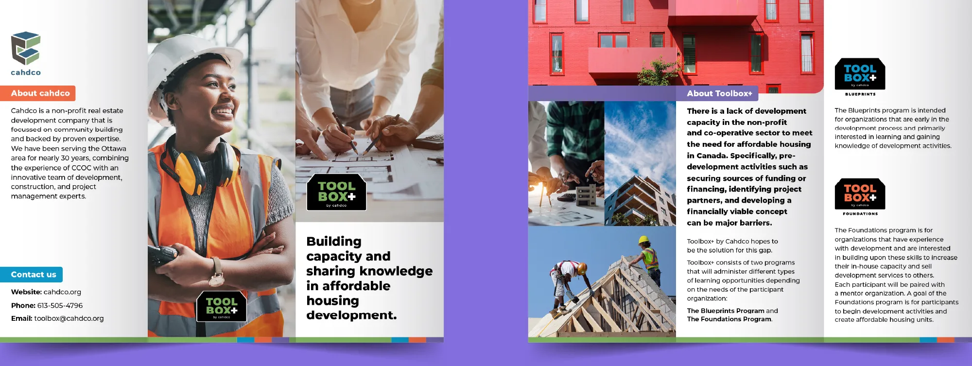 An informational brochure for Cahoots TOOL BOX+ program features images of a smiling construction worker, modern housing, and two people discussing documents, highlighting affordable housing development and capacity building services.