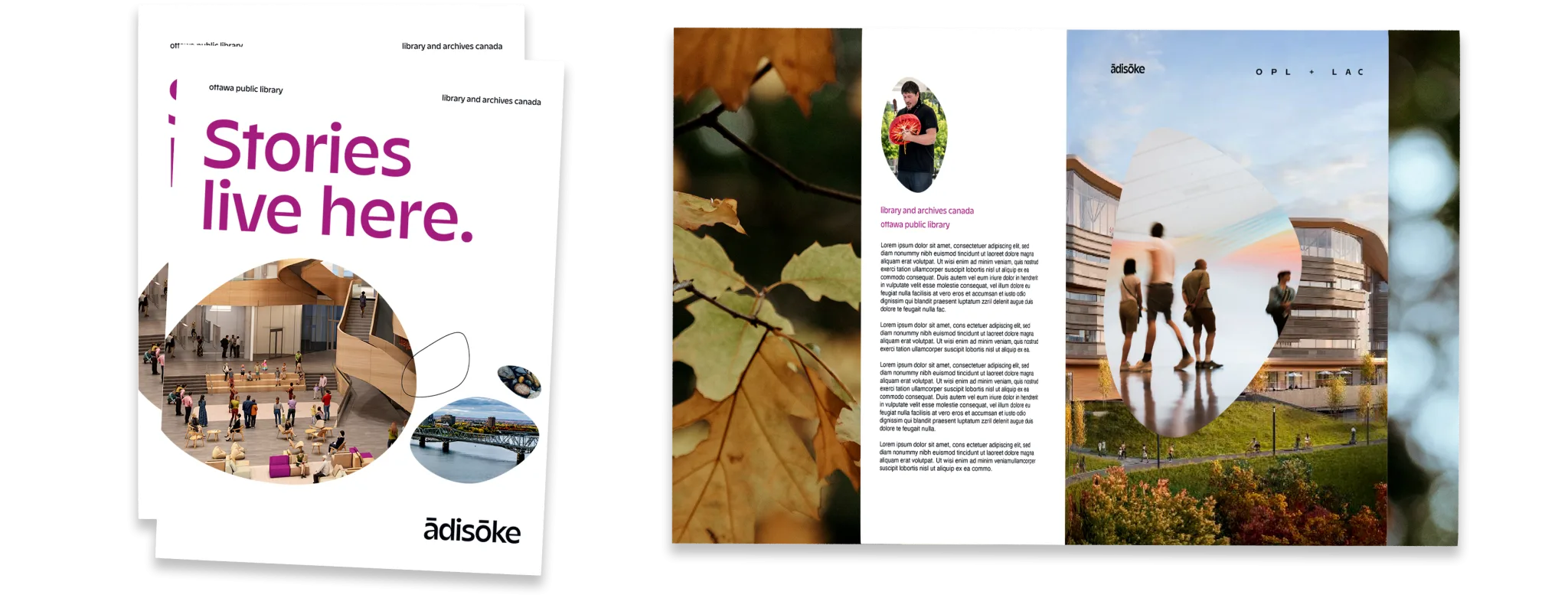 Two overlapping pages: The left page has the text Stories live here. in large purple letters with small photos of a library and people. The right page shows people walking near leaves and a modern building with circular photo cutouts.