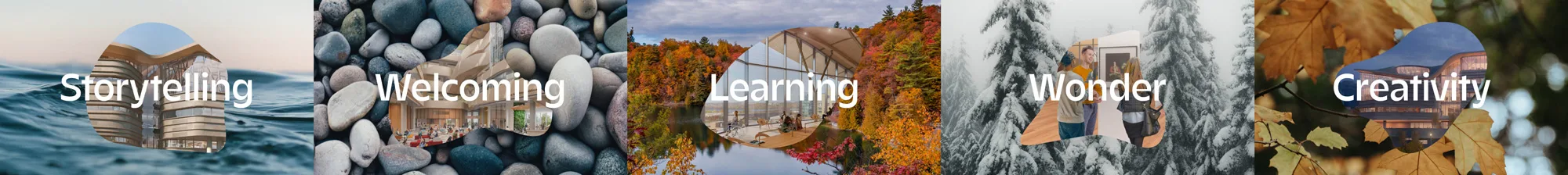 Five sections labeled Storytelling, Welcoming, Learning, Wonder, and Creativity, each with unique backgrounds: ocean, pebbles, autumn leaves, winter trees, and green leaves, with architectural elements blended in.