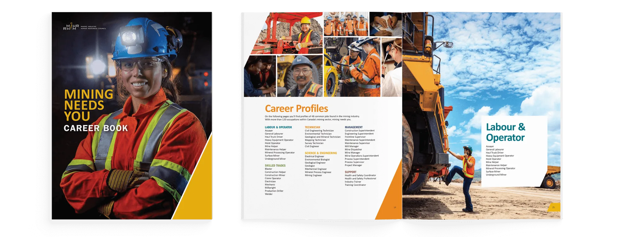 A three-page spread of a mining career book. The cover shows a smiling worker in safety gear. Inside pages feature career profiles, photos of miners working, and a section titled “Labour & Operator” beside a large mining truck.