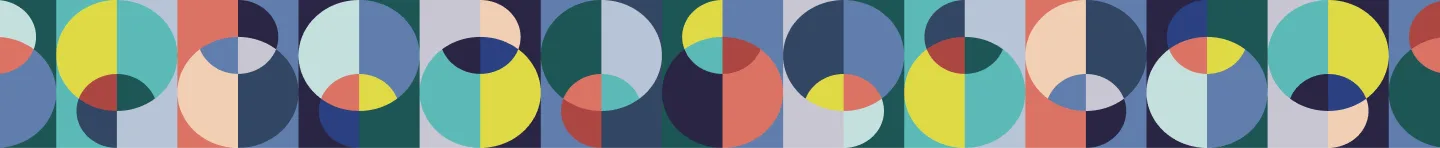 A seamless geometric pattern featuring overlapping ovals, circles, and semi-circles in blue, green, yellow, pink, peach, and navy. The shapes create a colorful, abstract, retro-inspired design.