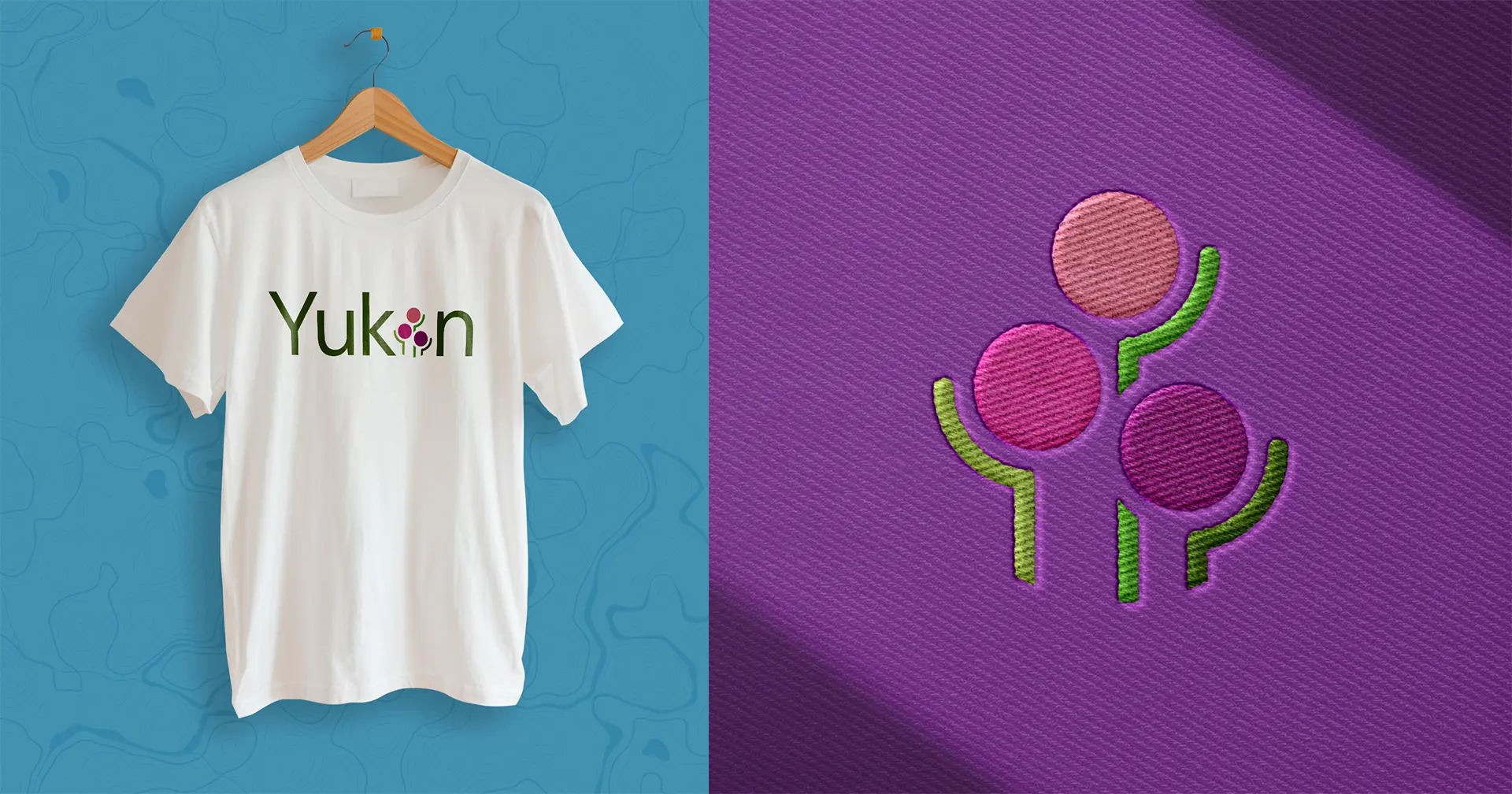 A white T-shirt on a hanger displays the word Yukon with a stylized plant logo as the i. Next to it is a close-up of the same colorful plant logo on textured purple fabric.