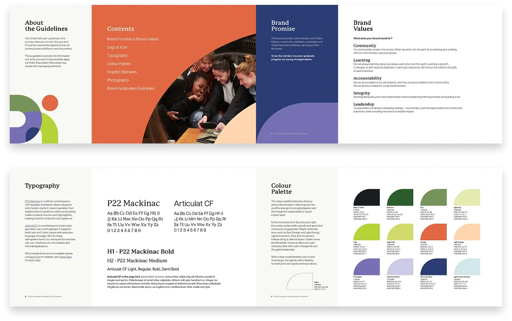 An open brand guidelines booklet displaying text sections on contents, brand promise, values, typography, and color palette, along with a circular abstract design and a photo of people gathered around a laptop.