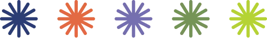 Five asterisk-like starburst shapes in a row, each a different color: dark blue, orange, light purple, green, and yellow-green, set against a light gray background.