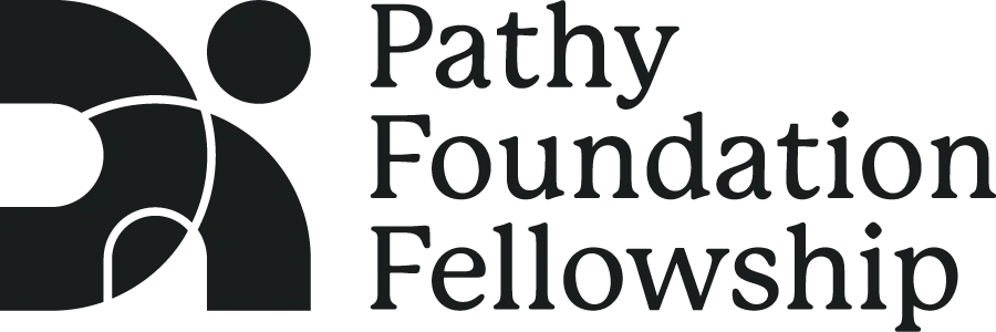 Logo for Pathy Foundation Fellowship featuring abstract black shapes forming a figure next to the organizations name in large, bold, black text on a light background.