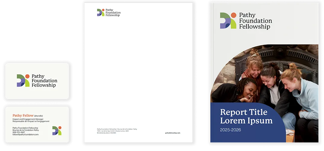 A set of Pathy Foundation Fellowship branded materials, including a business card, letterhead, and a report cover featuring a group of smiling people gathered together and the text Report Title Lorem Ipsum 2025-2026.