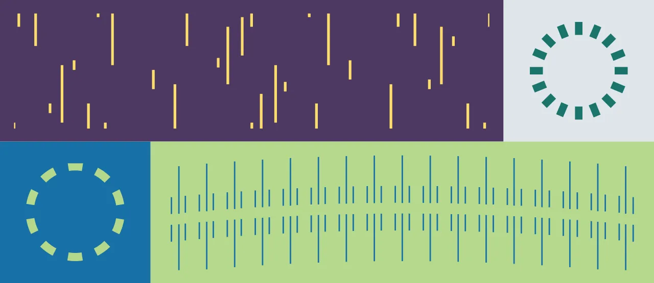 Abstract graphic divided into four rectangles, each with different colored backgrounds and patterns: vertical yellow lines, a teal dashed circle, a dark green dashed circle, and curved blue lines radiating outward.
