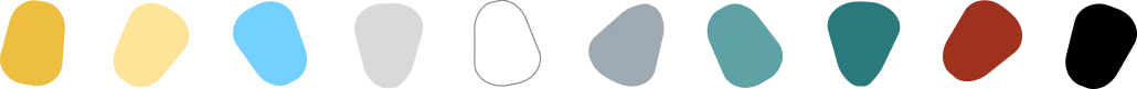 A row of 11 irregular oval shapes in different colors: yellow, light yellow, blue, light gray, gray, white with a gray outline, light gray-blue, teal, rust red, gray, and black, on a light background.