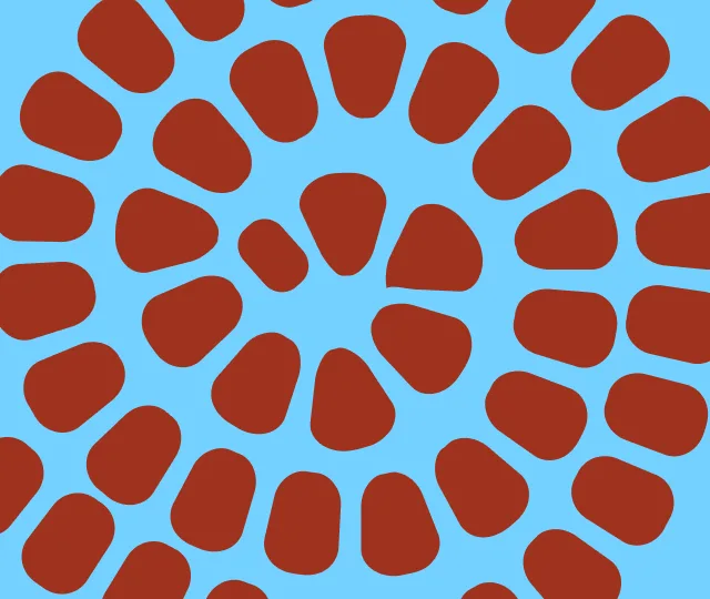 A pattern of irregular, rounded red shapes arranged in concentric circles on a light blue background.