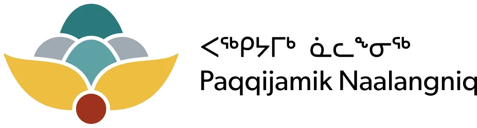 A stylized logo with teal, grey, yellow, and red shapes beside text in Inuktitut syllabics and the words Paqqujamik Naalangniq.