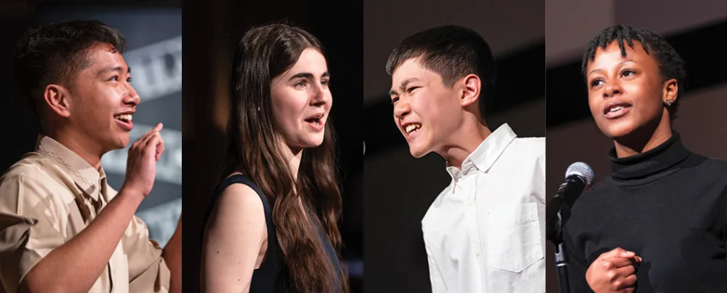 Four young people stand separately, each speaking or performing passionately on stage, with expressive faces and gestures, against simple dark backgrounds.