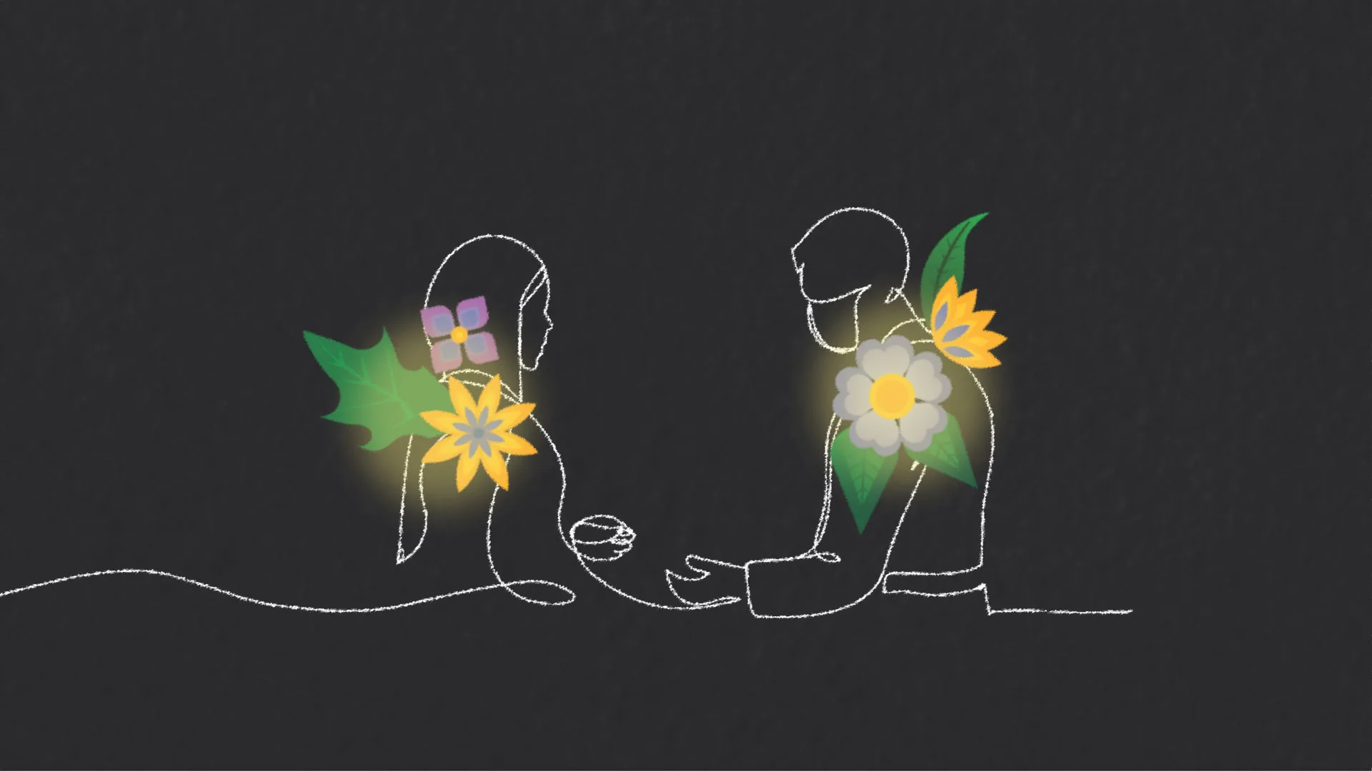 Two outlined figures face each other on a dark background, each adorned with glowing, colorful flowers and leaves on their heads and shoulders, suggesting connection and growth.