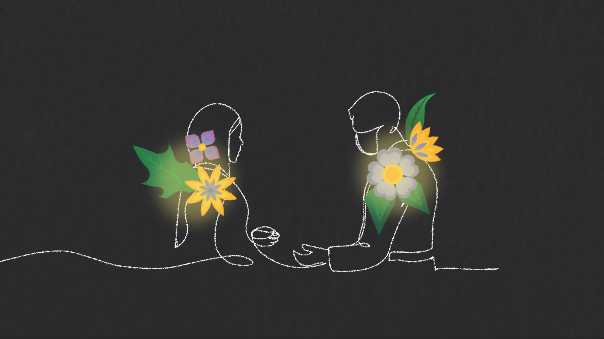 Two outlined figures face each other on a dark background, each adorned with glowing, colorful flowers and leaves on their heads and shoulders, suggesting connection and growth.