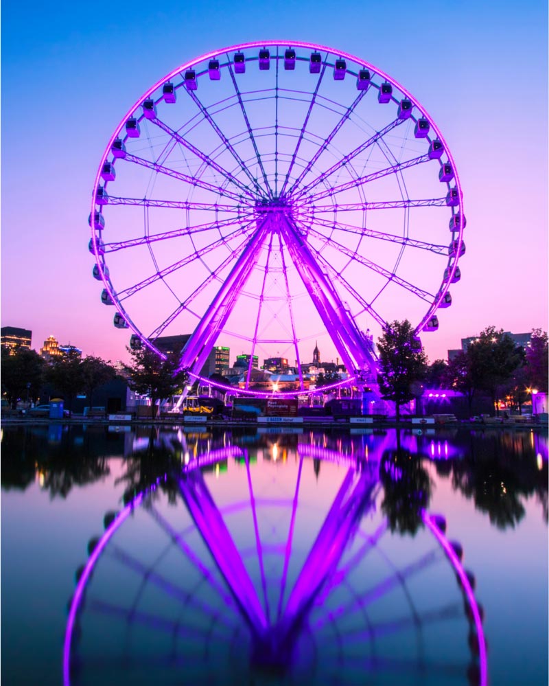 A large Ferris wheel illuminated with purple lights is reflected in a calm body of water at dusk, with silhouettes of trees and city buildings in the background.
