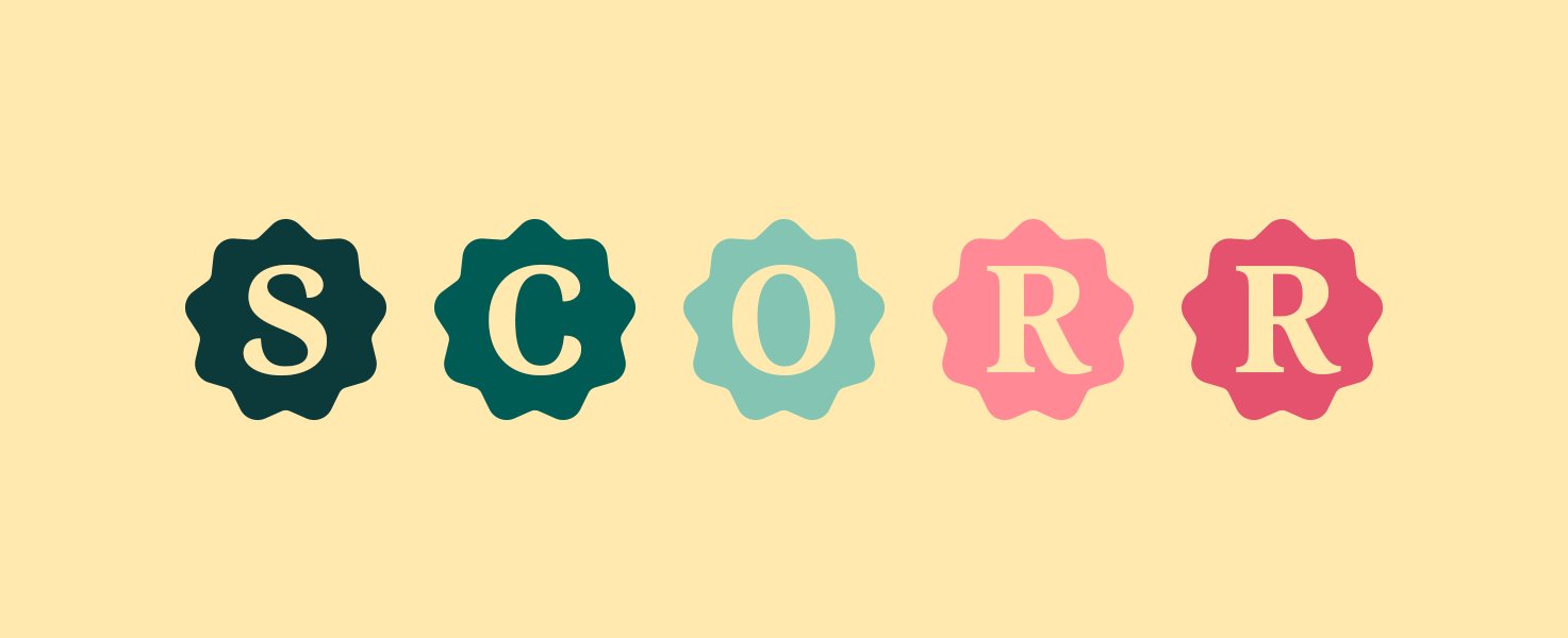 The image shows five scalloped circles in various colors, each with a letter, spelling out SCORR on a pale yellow background.